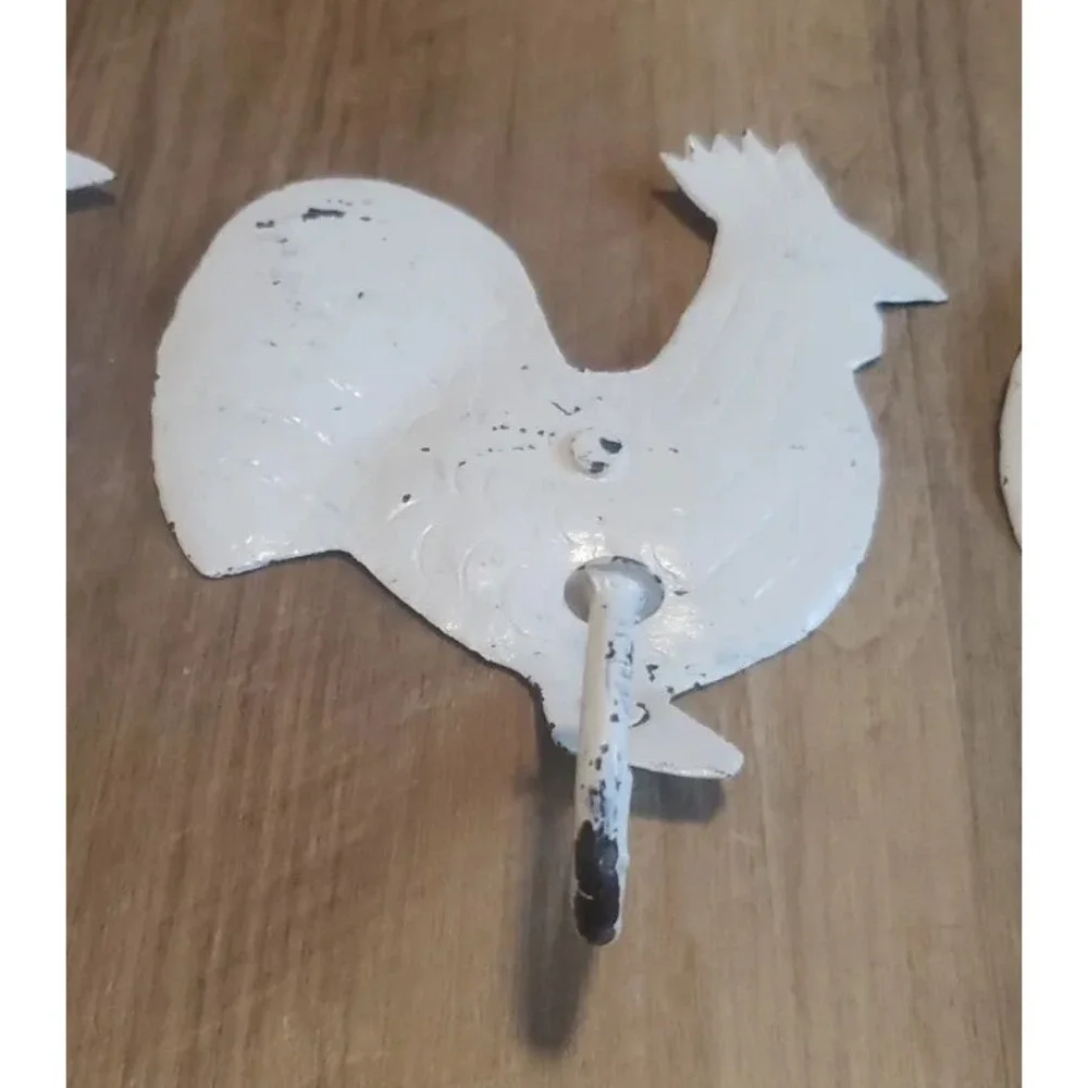 Set of 5 Rooster Chicken Hooks Rustic Distressed White Decor Farmhouse *READ